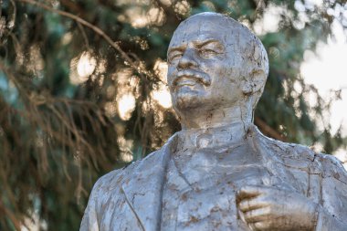 Açık hava doğal ortamında tarihi erkek figürünün bronz heykeli, Lenin. 13 Ekim 2024 Basarabeasca Moldova.