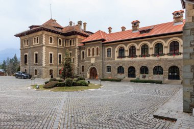 Önünde kırmızı bir çatı ve Noel ağacı olan büyük bir bina. 15 Aralık 2024 Busteni Romanya.