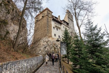 Bir grup insan bir şatonun önündeki taş bir merdivenden yukarı çıkıyorlar. 16 Aralık 2024 Bran Romanya.