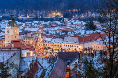 Geceleri ortasında Noel ağacı olan bir şehir. Şehir ışıklarla aydınlanıyor ve ağaç ışıklarla süsleniyor. 14 Aralık 2024 Brasov Romanya