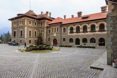 Bahçesinde Noel ağacı olan büyük bir bina. 15 Aralık 2024 Busteni Romanya.