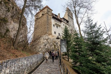 Bir grup insan bir şatonun önünde taş bir yolda yürüyor. 16 Aralık 2024 Bran Romanya.