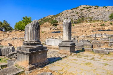 İki sütun bir tepenin önünde duruyor. Sütunlar taştan yapılmış ve çok yaşlılar. Tepe ağaçlar ve otlarla kaplıdır. Yunanistan 'ın antik Filippi kentinin kalıntıları