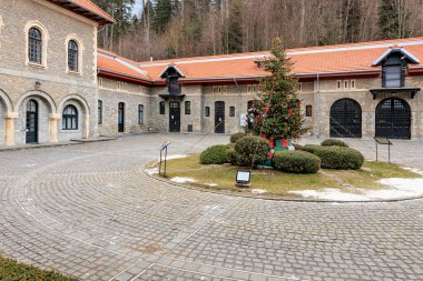 Önünde kırmızı bir çatı ve Noel ağacı olan bir bina. 15 Aralık 2024 Busteni Romanya.