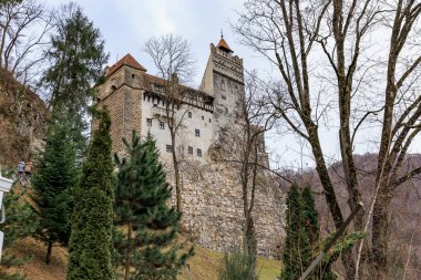 Büyük bir kulesi ve küçük bir binası olan bir kale. 16 Aralık 2024 Bran Romanya.