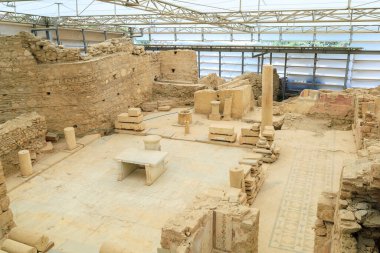 Ephesus şehrinde arkeolojik kazılar. Seçici odaklı arkaplan ve metin için alanı kopyala