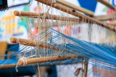 Antika dokuma tezgahı. Seçici odaklı arkaplan ve metin için alanı kopyala