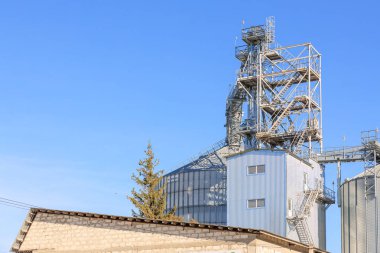 Mavi bir gökyüzünün arka planında büyük bir tahıl silosu var. Silo tuğla bir binayla çevrili.