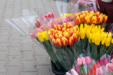 Bir buket çiçek plastik bir torbada sergilenir. Çiçekler pembe, sarı ve turuncu karışımı.