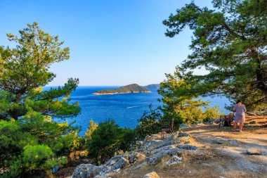 Bir kadın okyanus kıyısında bir plajda yürüyor. Gökyüzü mavi ve su sakin.