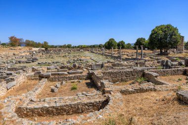 Birkaç ağaç ve birkaç bina olan geniş, açık bir alan. Binalar taştan yapılmıştır ve tüm araziye dağılmışlardır. Yunanistan 'ın antik Filippi kentinin kalıntıları