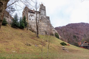 Sonbaharda bulutlu gökyüzüne karşı tepedeki görkemli ortaçağ kalesi.