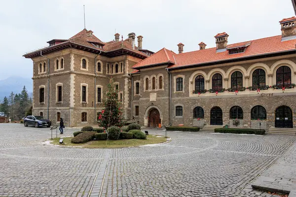 Kırmızı çatılı ve önünde Noel ağacı olan büyük bir bina. 15 Aralık 2024 Busteni Romanya.