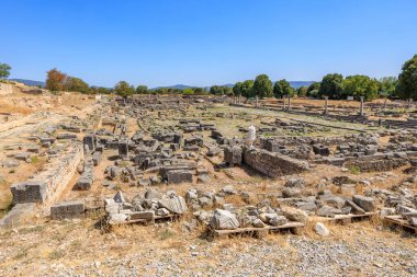 Arka planda birkaç ağaç olan büyük, boş bir tarla. Alan büyük kayalarla dolu ve çok çorak bir görünüme sahip. Yunanistan 'ın antik Filippi kentinin kalıntıları