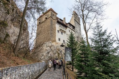 Bir grup insan bir şatonun önünde taş bir yolda yürüyor. 16 Aralık 2024 Bran Romanya.