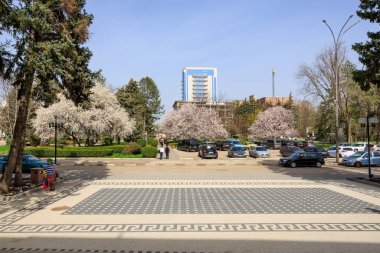 Arkasında büyük bir bina olan bir şehir parkı. Park birkaç kişi ve araba dışında boş. 1 Nisan 2024 Balti Moldova