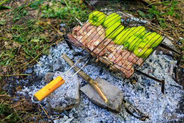 Et ve biberli ızgara. Izgara ateşte yanıyor. Ateş çok sıcak.