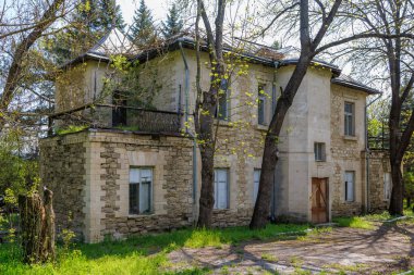 Bahar mevsiminde filizlenen ağaçları ve yeşilliği olan terk edilmiş taştan bir ev..