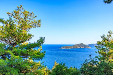 Uzakta küçük bir adası olan güzel mavi bir okyanus. Gökyüzü açık ve güneş ışıl ışıl parlıyor. Arka plandaki ağaçlar huzur ve sükunet hissi veriyor.