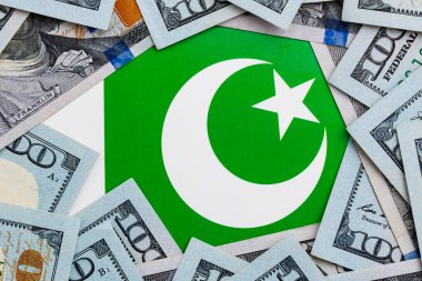 Pakistan bayrağı ekonomik konsepti yansıtan 100 dolarlık banknotlarla çevrili.