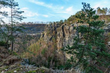 Görkemli kayalık kayalıklar ve yemyeşil yeşillikler mavi gökyüzünün altında.