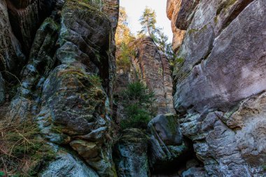 Heybetli kaya oluşumları ve dingin kanyon manzarasında yemyeşil bitki örtüsü.