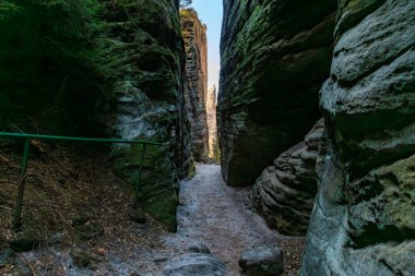 Görkemli kumtaşı geçidinde, yemyeşil, dar kayalık bir yol..