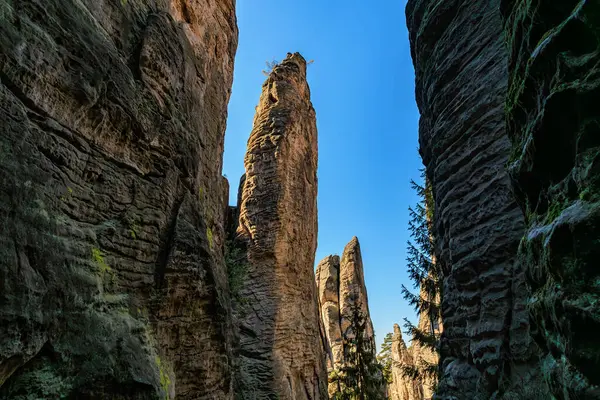 Dar kanyon geçidinde açık mavi gökyüzünün altında yükselen kumtaşı oluşumları.