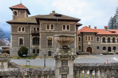 Üzerinde kırmızı bir çatı ve beyaz bir vazo olan büyük bir bina. 15 Aralık 2024 Busteni Romanya.