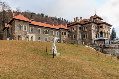 Cantacuzino Kalesi 'nde heykeli olan büyük bir bina. 15 Aralık 2024 Busteni Romanya.