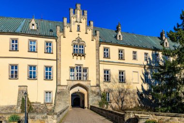 Huzurlu kırsal alanda mavi gökyüzü ile ortaçağ şatosu cephesi.