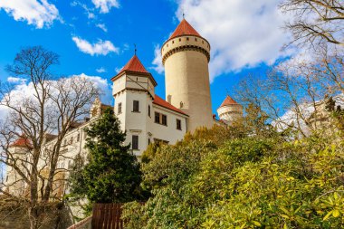 Mavi gökyüzünün altındaki yemyeşil yemyeşil gökyüzünün ortasında kuleleri ve kırmızı çatıları olan görkemli bir ortaçağ kalesi..