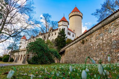 İlkbaharın ortasında taş duvarları ve kırmızı çatıları olan görkemli ortaçağ kalesi.