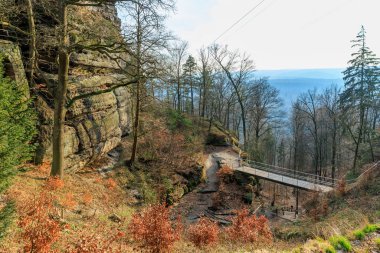 Ahşap köprüsü ve kış manzarasında kaya oluşumları olan manzaralı orman patikaları.