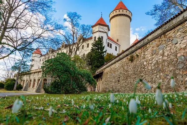 Kırmızı taretleri bahar çiçekleriyle çevrili görkemli bir ortaçağ kalesi..