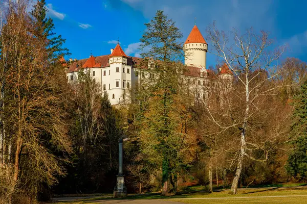 Mavi gökyüzünün altında sonbahar ağaçlarıyla çevrili kırmızı çatıları olan tarihi bir şato. 17 Mart 2025, Konopiste Şatosu, Çek Cumhuriyeti.