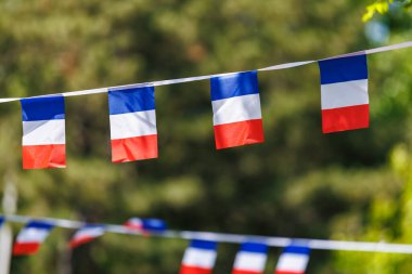 Fransız bayrağı, açık hava dekorasyonu, canlı renklerle donatılmış..