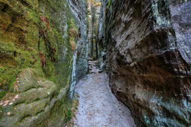 Yosun tutmuş kaya oluşumlarının arasındaki dar patika bir geçitte..