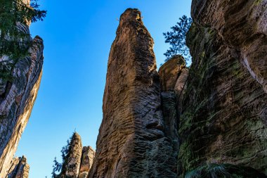 Görkemli kumtaşı oluşumları Ormanda açık mavi gökyüzünün altında.