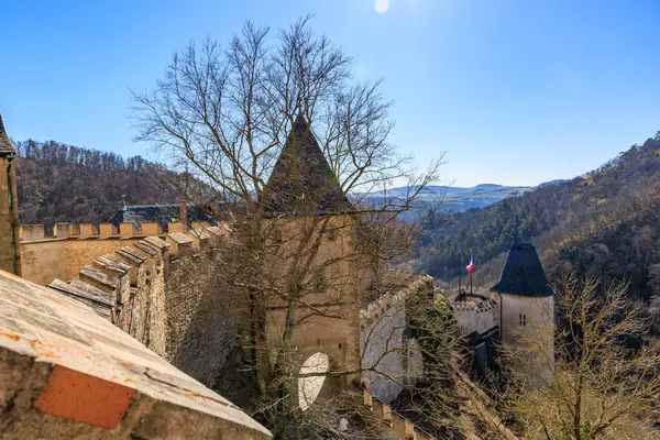 Ağaçlı ve manzaralı ortaçağ kale kuleleri berrak mavi gökyüzünün altında.