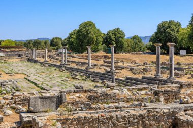 Bir sürü sütun ve sütunu olan büyük, boş bir avlu. Bölge ağaçlarla çevrili, ona huzurlu ve huzurlu bir atmosfer sağlıyor. Yunanistan 'ın antik Filippi kentinin kalıntıları