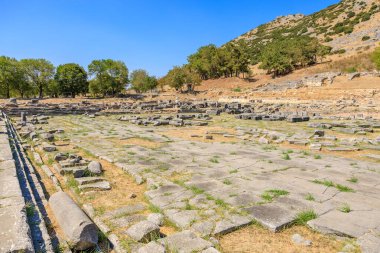 Birkaç ağaç ve taş bir duvarı olan geniş bir açık alan. Alan boş ve gökyüzü temiz. Yunanistan 'ın antik Filippi kentinin kalıntıları