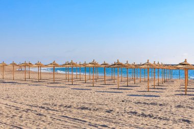 Açık güneşli bir günde, deniz kenarında saman şemsiyeli kumsal.