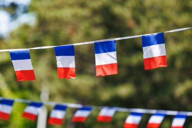 Vatanseverlik kutlamaları sırasında açık havada Fransız bayrakları sallanıyor..