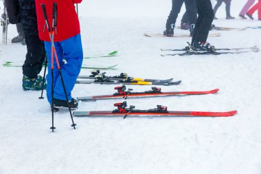 Karlı yamaçlarda kayak takımları ve direkleriyle bir grup kayakçı. 15 Aralık 2024 'te Romanya.