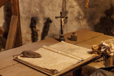 Açık günlüğü, faresi ve loş ışıklı odasında tüy kalemi olan eski çağlardan kalma bir masa. 18 Mart 2025, Madalyon, Çek Cumhuriyeti.