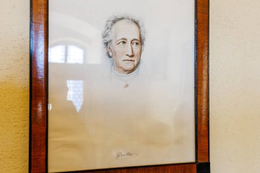 Goethe 'nin çerçeveli portresi tarihi bir önem taşıyor. 18 Mart 2025, Madalyon, Çek Cumhuriyeti.