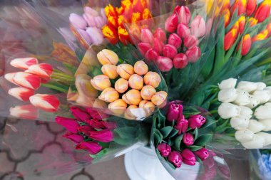 Beyaz bir vazoda plastik kaplı bir buket çiçek. Çiçekler pembe, turuncu ve beyaz olmak üzere farklı renk ve boyutlardadır. Düzenleme çok güzel ve canlı.