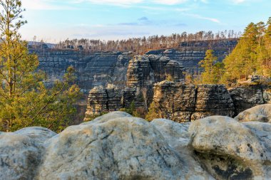 Ulusal parkta gün batımında görkemli kumtaşı kayalıkları ve çam ağaçları.
