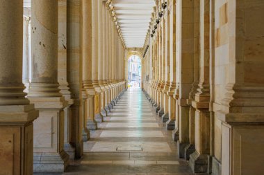 Tarihi binada zarif mimari sütunlar ve taş yollar.